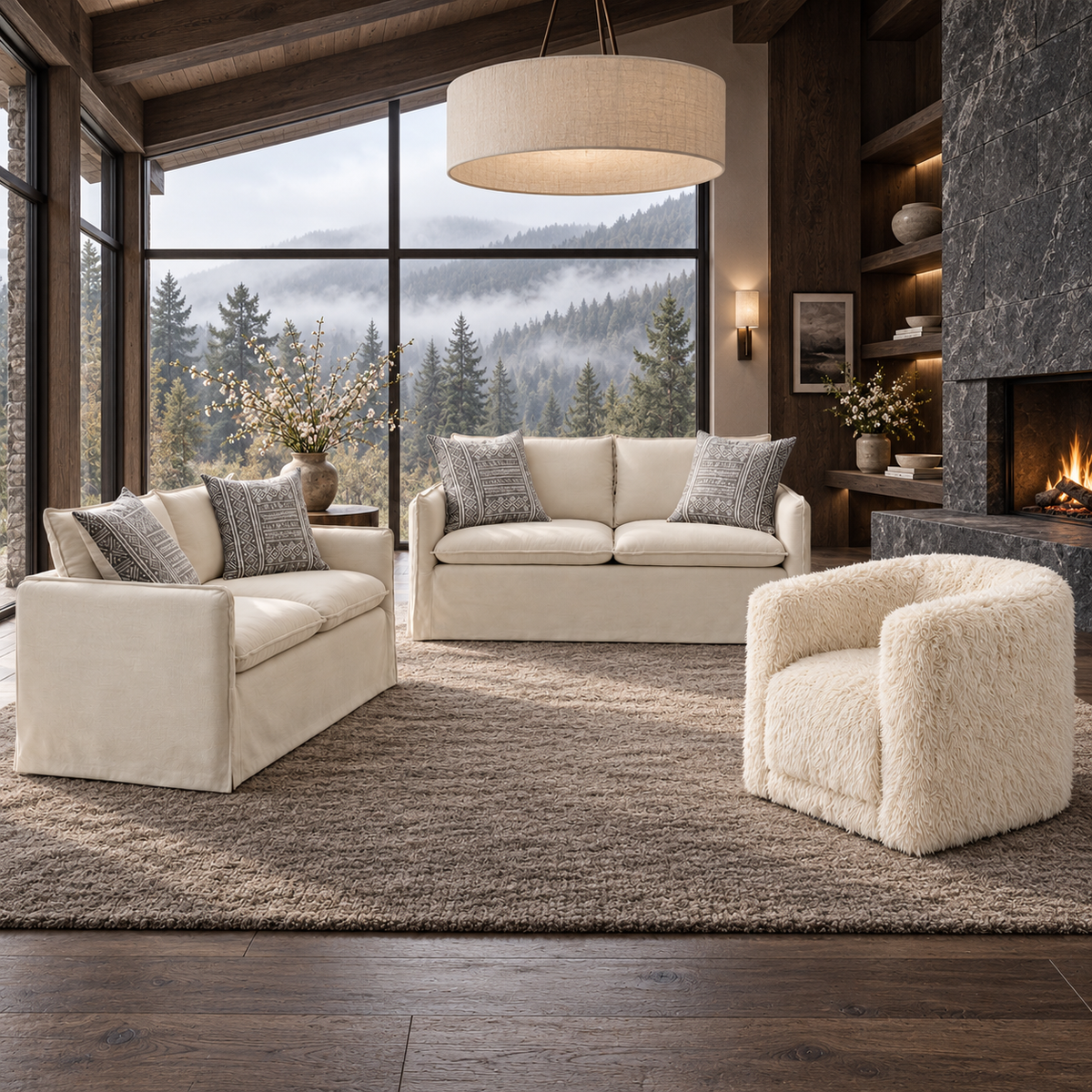 Beige Sofa, Loveseat and Swivel Chair Set — set in a mountain-view living room.