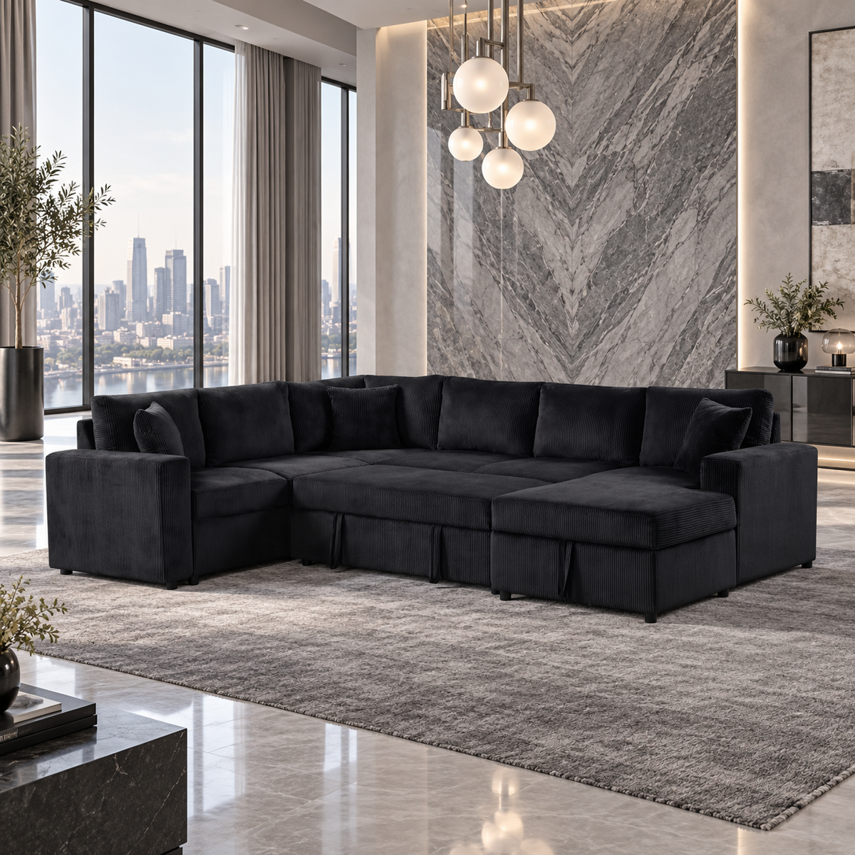 Rinaldo Black Corduroy Sleeper Sectional — black sleeper sectional in a luxury room.