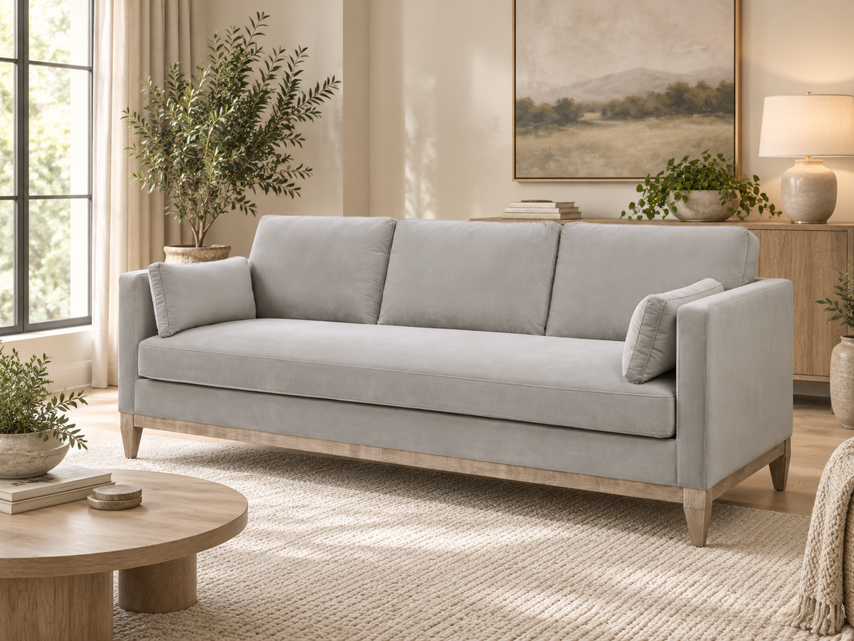 Knox Opal Grey Velvet Sofa — angled sofa room view.