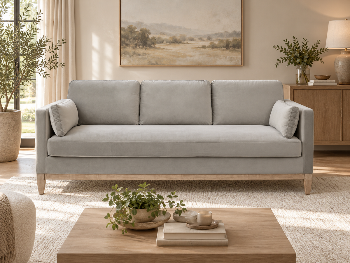 Knox Opal Grey Velvet Sofa — grey velvet sofa in a warm living room.