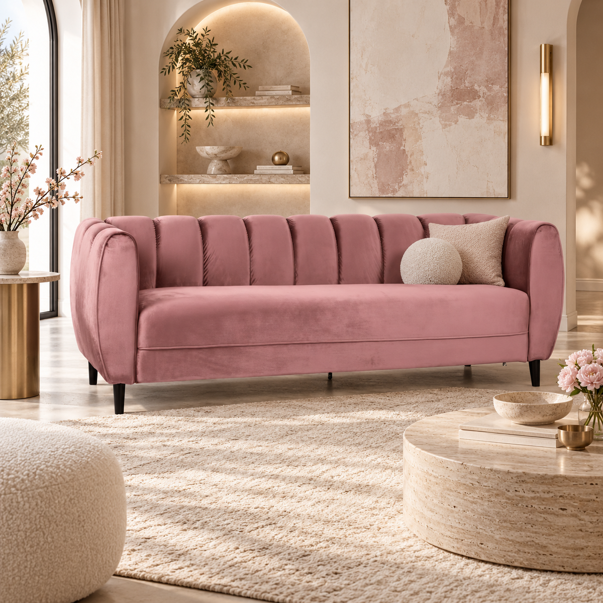 Miranda Velvet 3-Seater Sofa — pink velvet sofa in a luxury room.