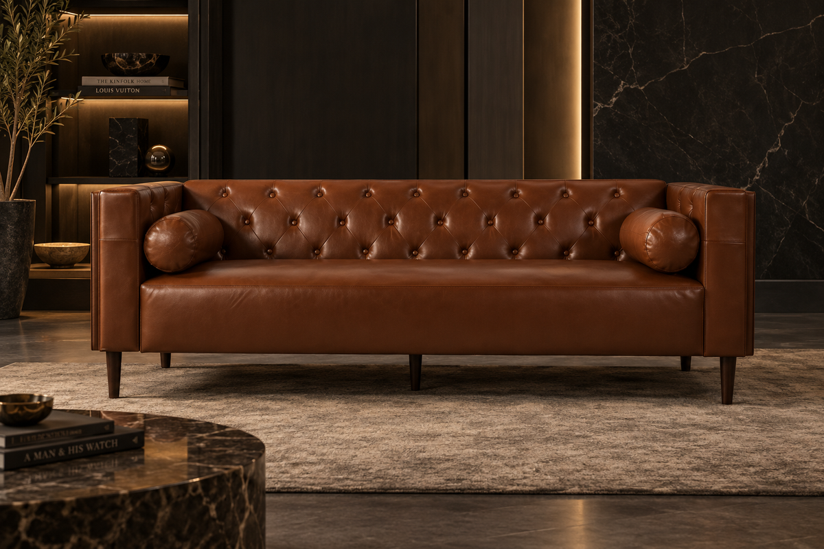 Cognac Button-Tufted Sofa with Bolster Pillows — cognac sofa in a dark luxury room.
