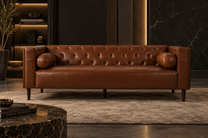 Cognac Button-Tufted Sofa with Bolster Pillows — cognac sofa in a dark luxury room.