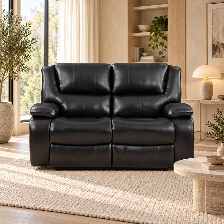 Elodie black reclining loveseat with padded arms in a sunlit living room
