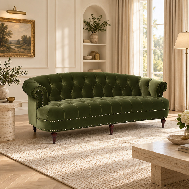 La Rosa Olive Green Velvet Chesterfield Sofa — in a sunlit traditional living room