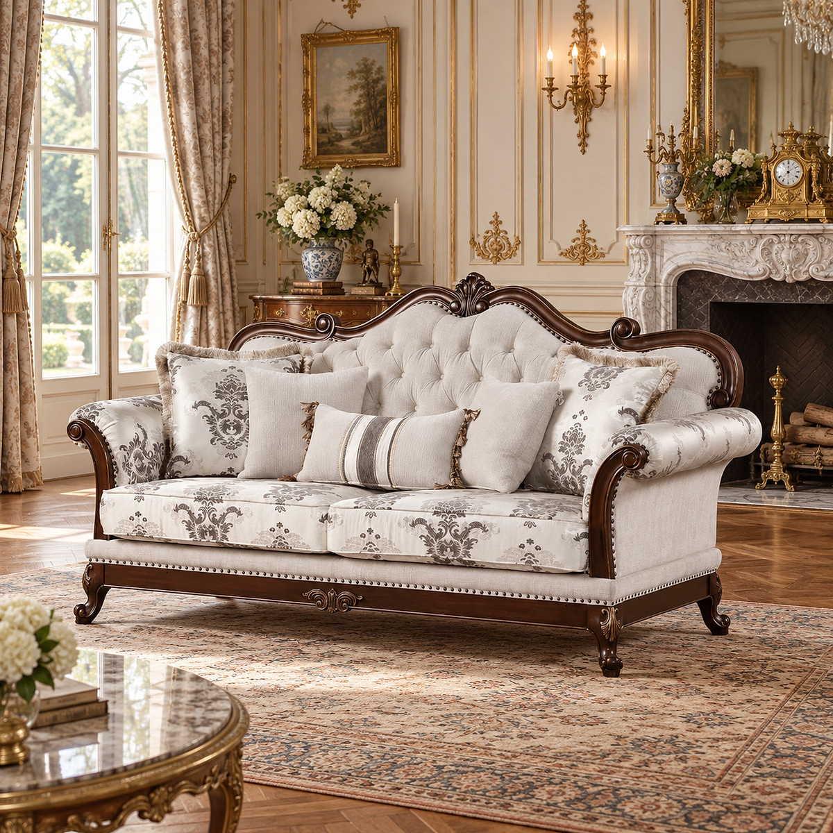 Gloria ivory tufted sofa with dark scrolling trim in a traditional room