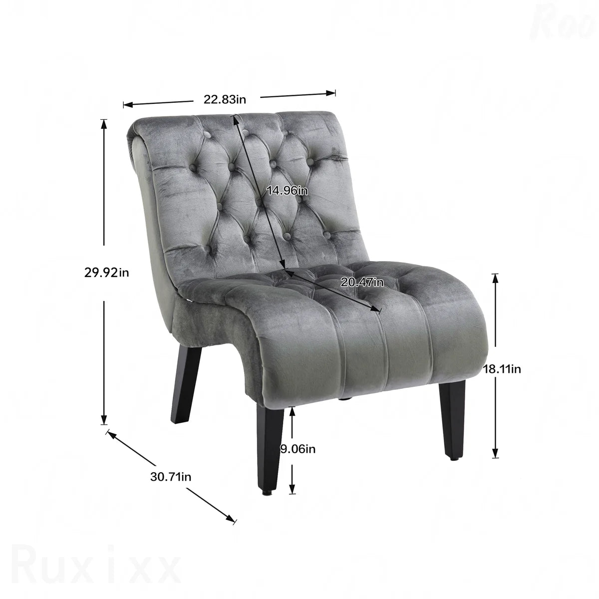 Button-Tufted Velvet Armless Accent Chair — gray overall and seat dimensions diagram