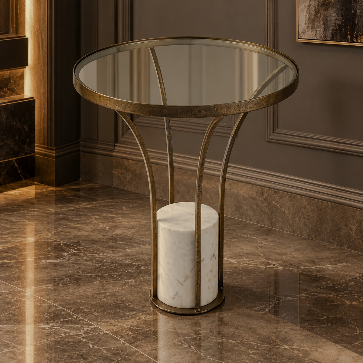 Round clear-glass end table with a bronze-tone curved metal frame and white marble-look cylindrical pedestal