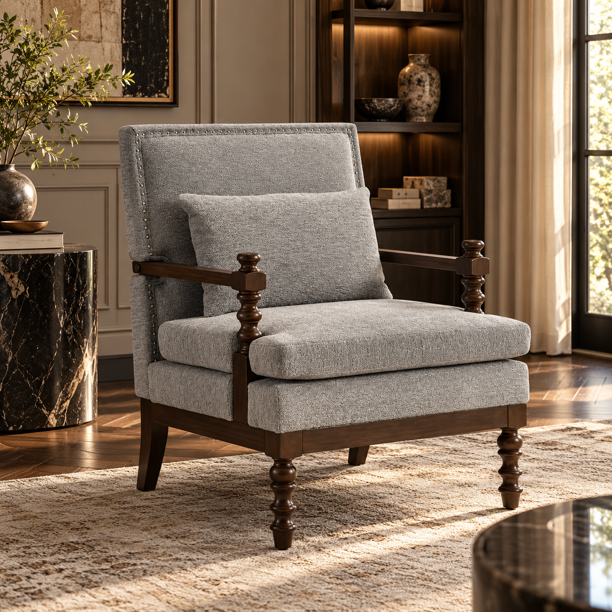 Gray Linen Accent Chair with Lumbar Pillow — gray upholstered wood-arm chair in a warm room