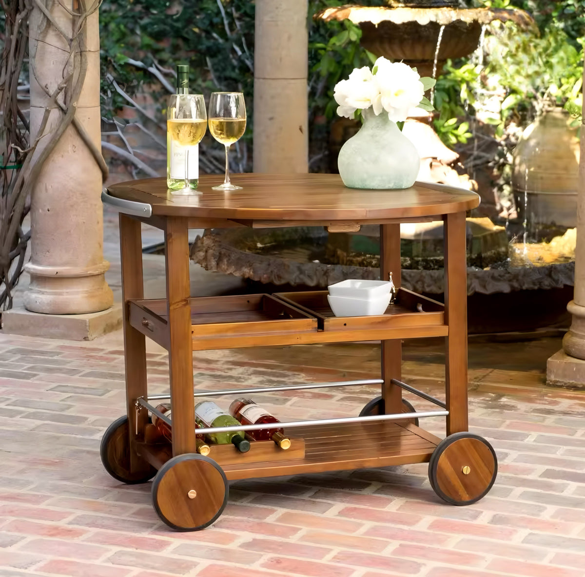 Wooden Serving Cart with Large Wheels