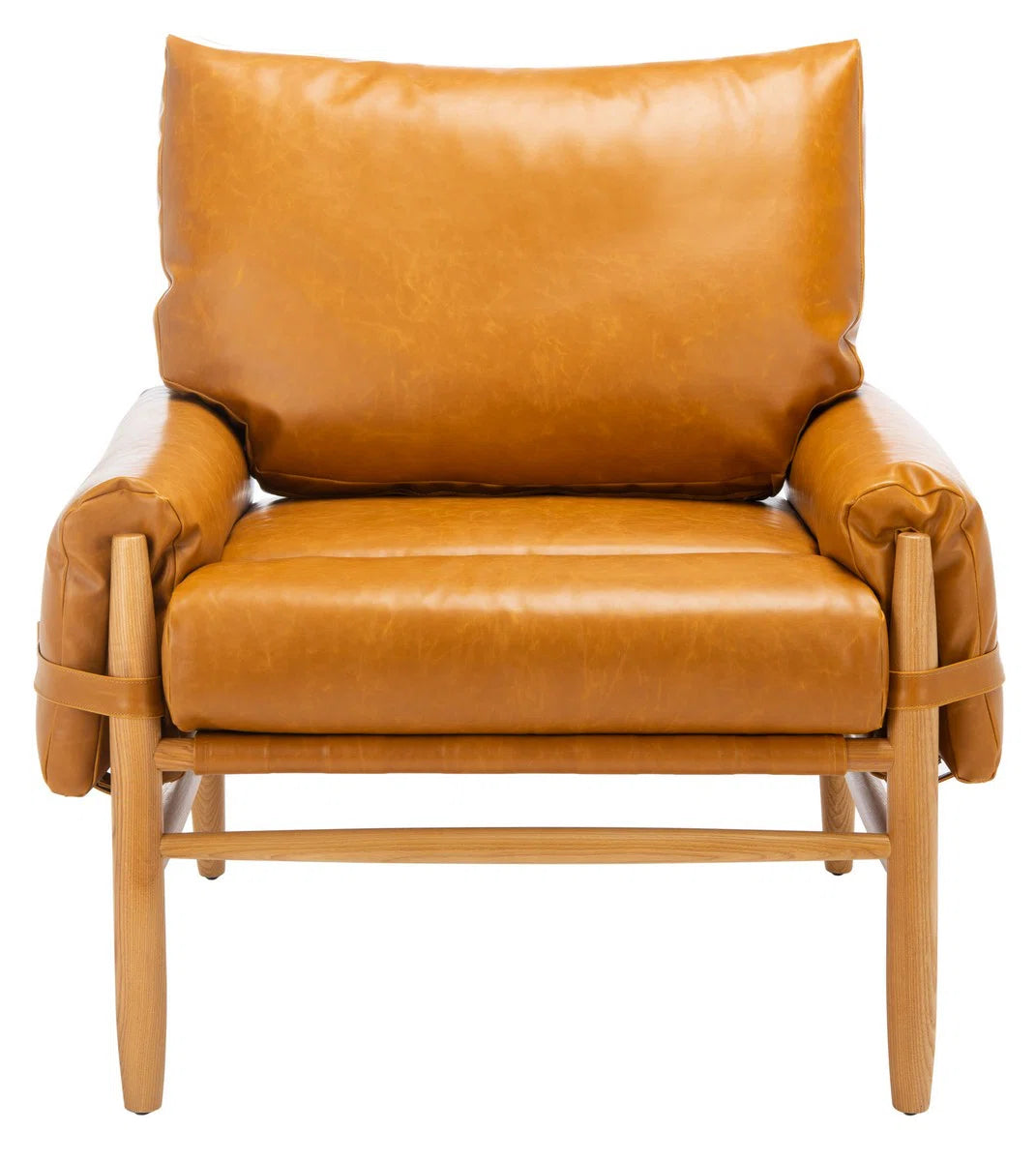 Strap-Detail Wood-Frame Accent Chair — caramel chair viewed straight on