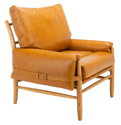 Strap-Detail Wood-Frame Accent Chair — rear three-quarter view of the caramel chair