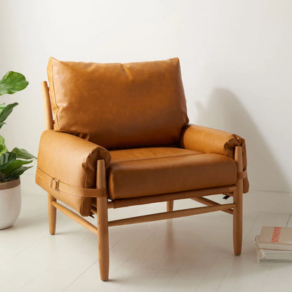 Strap-Detail Wood-Frame Accent Chair — caramel chair three-quarter view