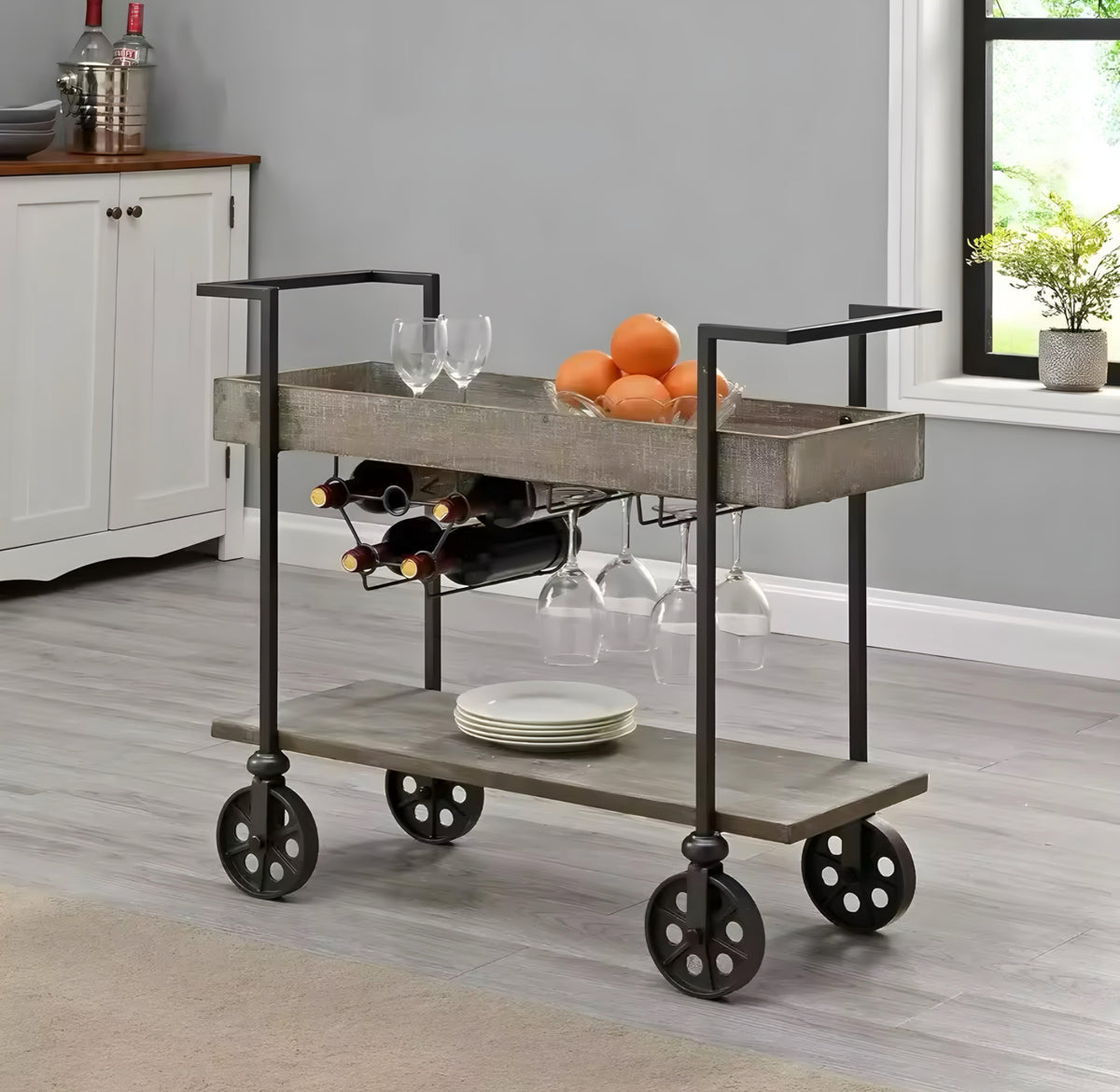 Two-Tier Bar Cart with Stemware Rack