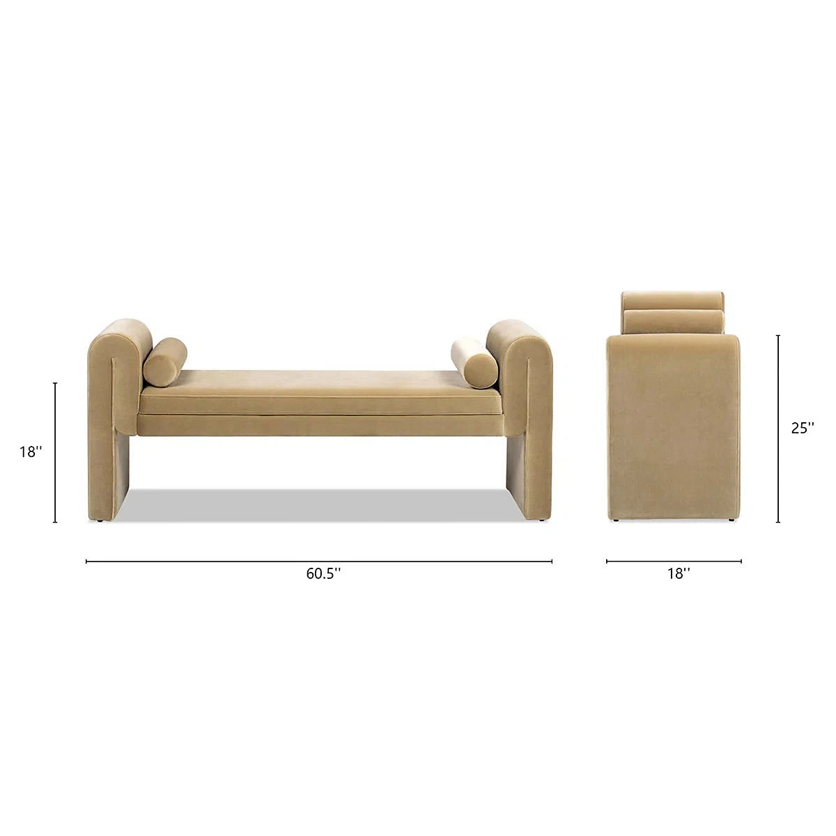 Dimension diagram of the Mason beige bench with curved arms and bolster pillows