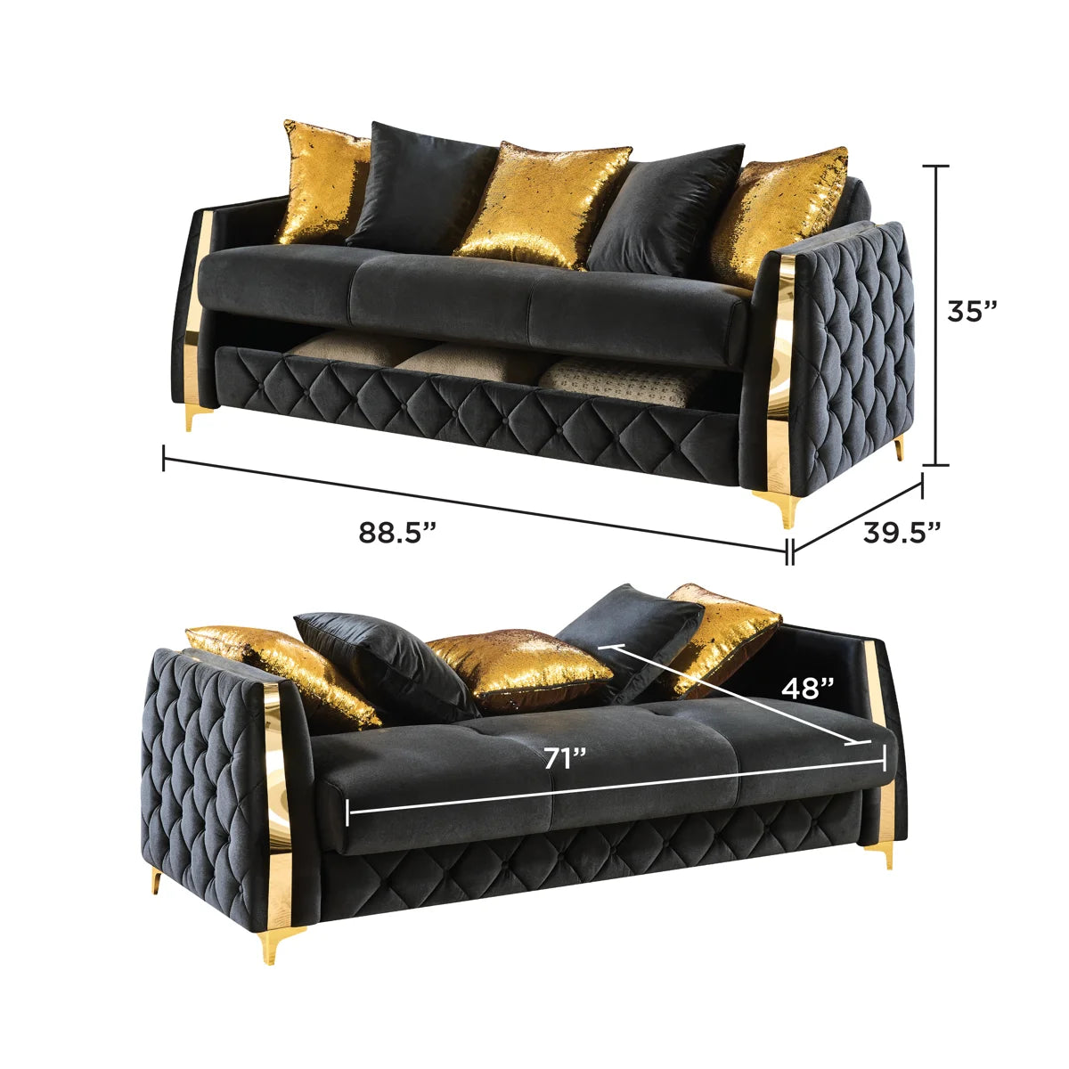 Lippa Black Three-Piece Sofa Set — supplier sofa dimension and recline diagram.