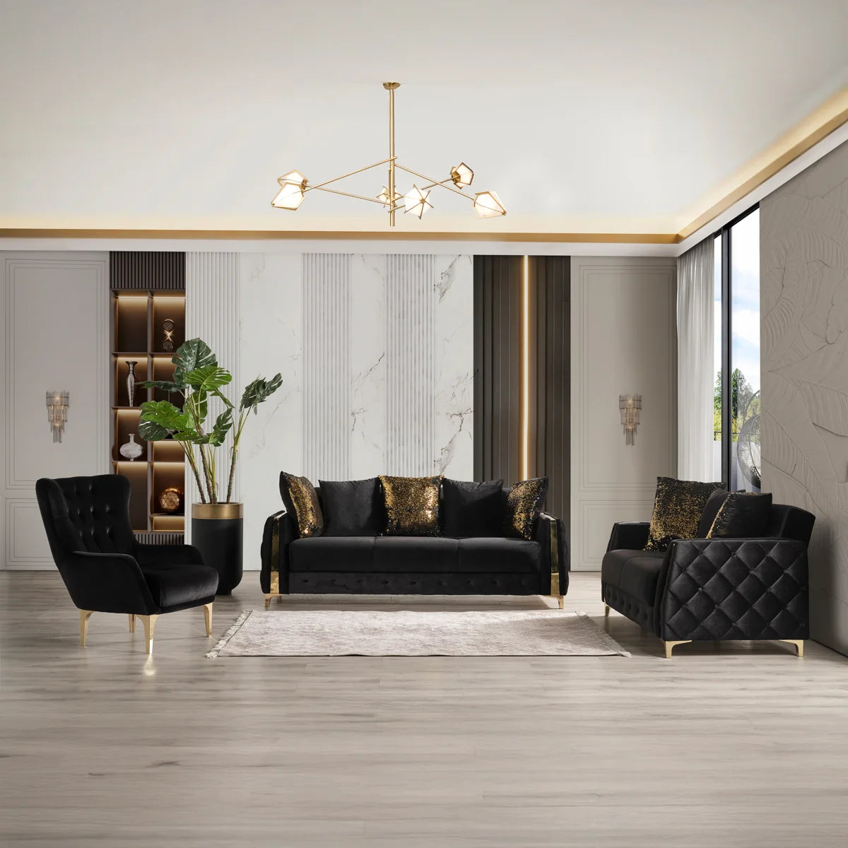 Lippa Black Three-Piece Sofa Set — set in a bright contemporary room.