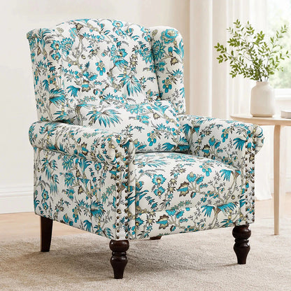Ivory and blue floral wingback chair with dark wood legs and a side pocket