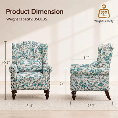 Ivory and blue floral wingback chair with dark wood legs and a side pocket — dimension diagram