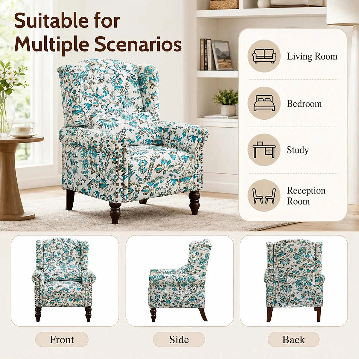 Ivory and blue floral wingback chair with dark wood legs and a side pocket
