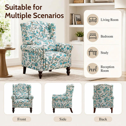 Ivory and blue floral wingback chair with dark wood legs and a side pocket