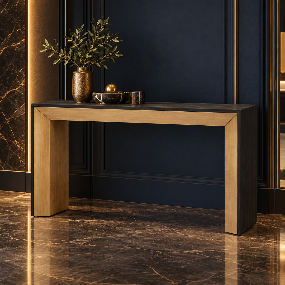 Two-tone waterfall console with dark outer panels and warm wood-grain inner surfaces.