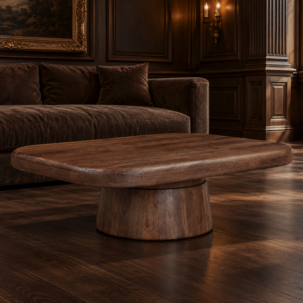 Dark brown coffee table with a broad rounded top and drum pedestal in a living room