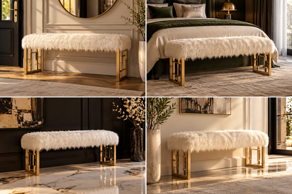 Mera Ivory Faux-Lamb Bench with Gold-Tone Base — four room settings with the ivory shag bench