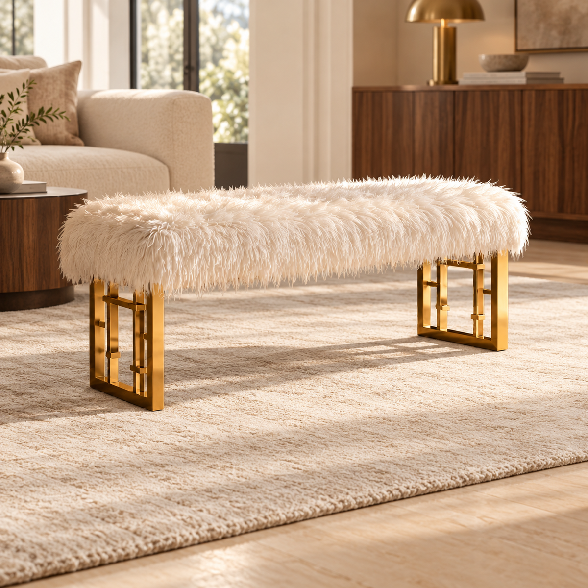 Mera Ivory Faux-Lamb Bench with Gold-Tone Base — complete product on a light neutral background