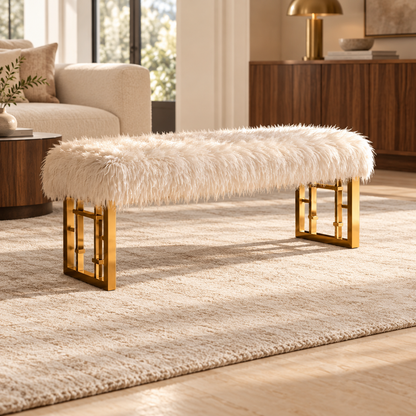 Mera Ivory Faux-Lamb Bench with Gold-Tone Base — complete product on a light neutral background