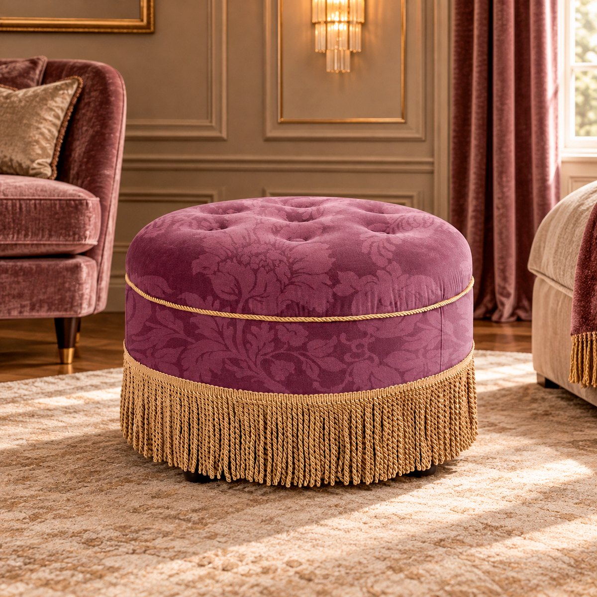 Purple round floral-patterned ottoman with tufted top, gold-tone piping and long fringe skirt