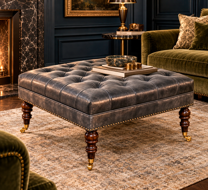 Dark diamond-tufted square ottoman with nailhead trim, turned wood legs and gold-tone casters