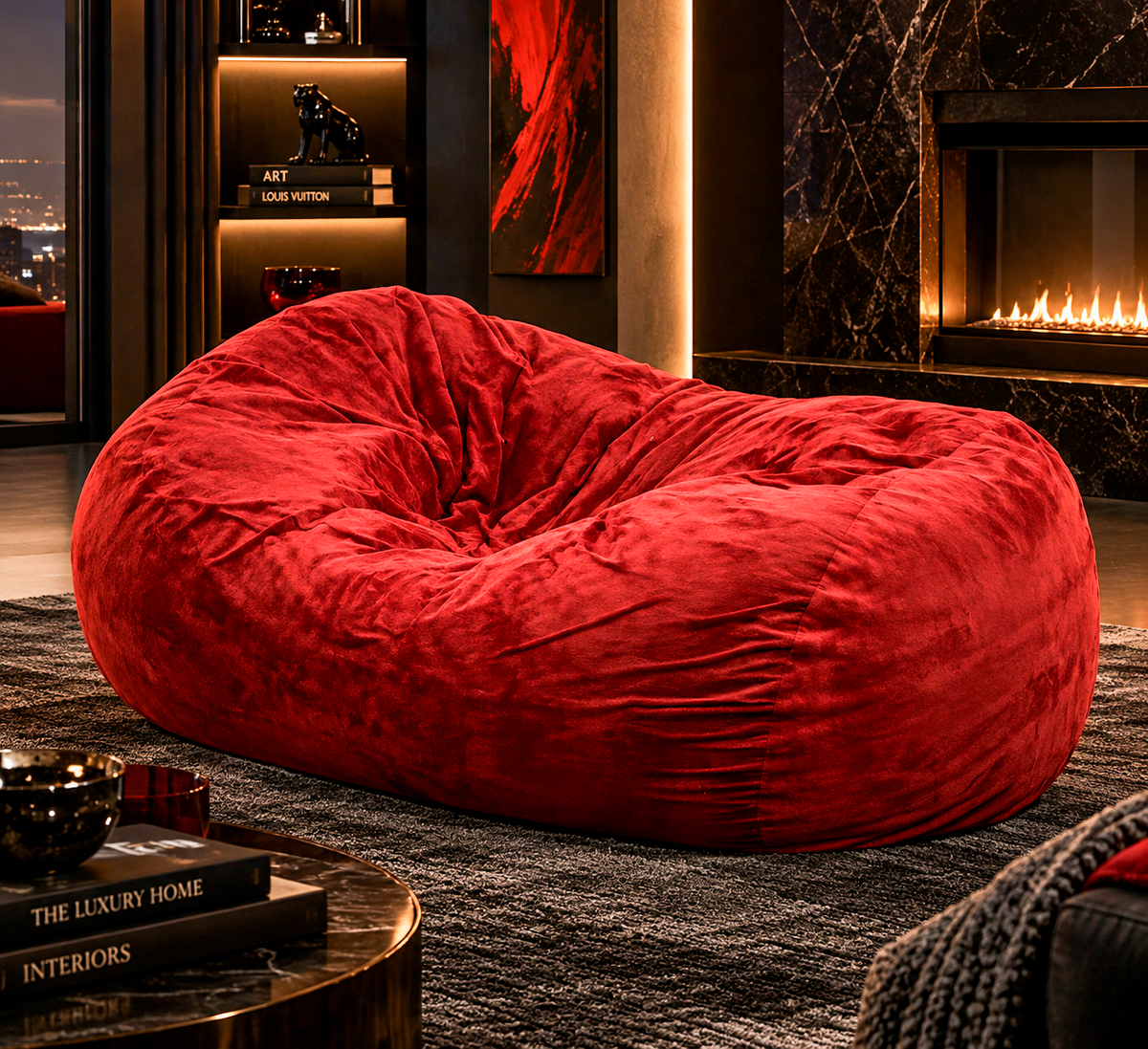 Red plush round beanbag chair in a dark lounge beside a fireplace
