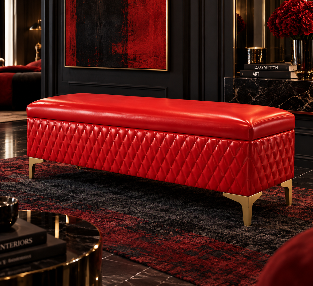 Red rectangular quilted reception bench with gold-tone legs