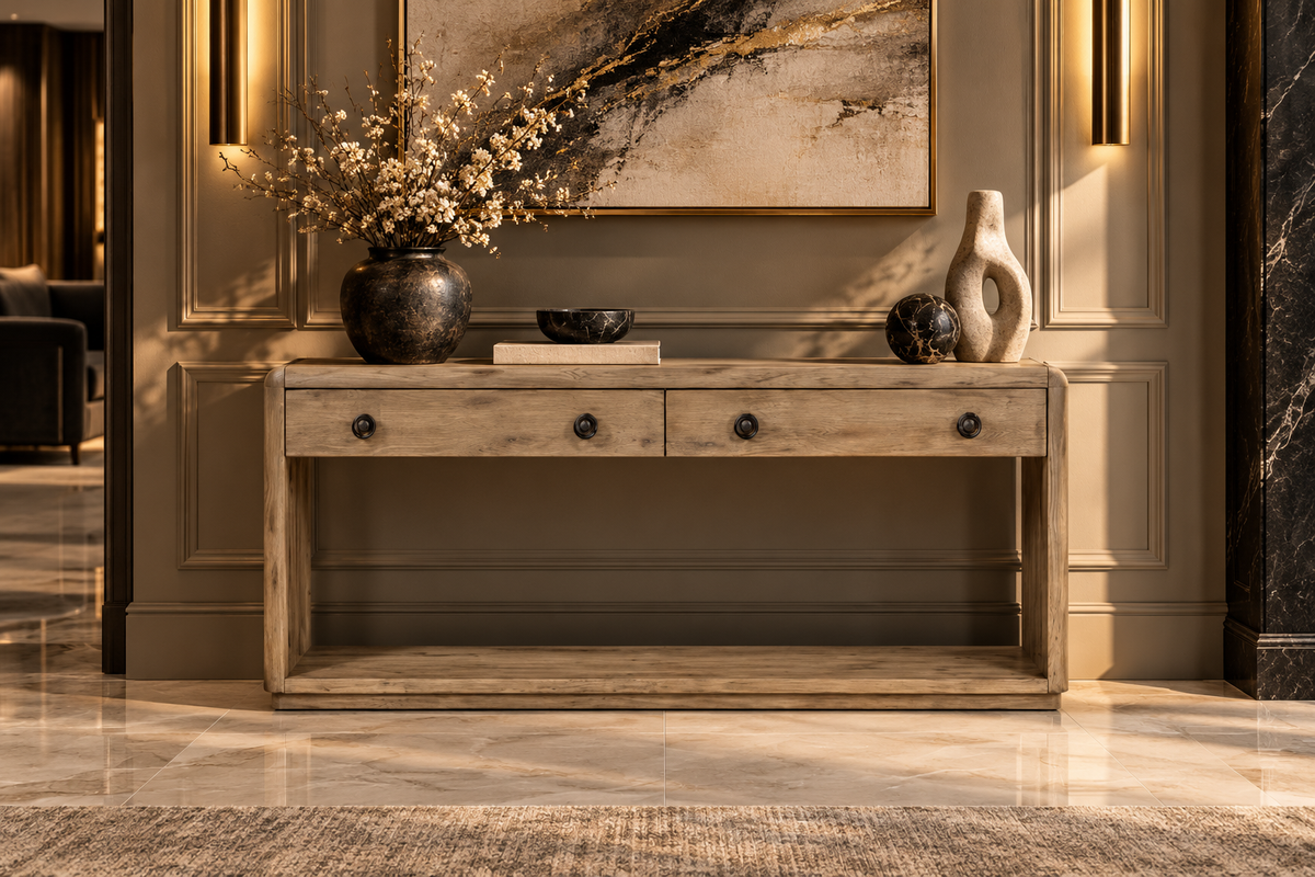 English knotty oak two-drawer console with dark round pulls beneath artwork in an entryway