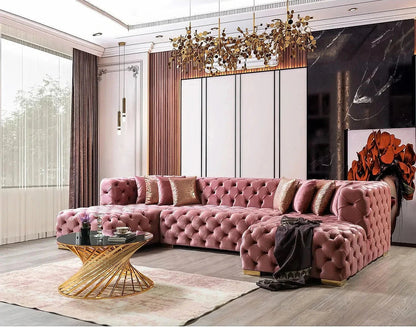 Madelene pink velvet sectional with gold-tone base, room view
