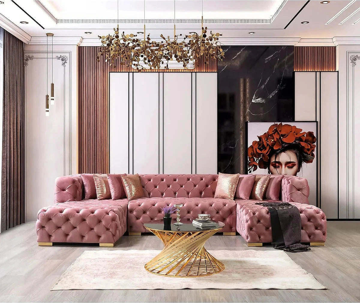 Madelene pink velvet sectional, front view of double-chaise layout