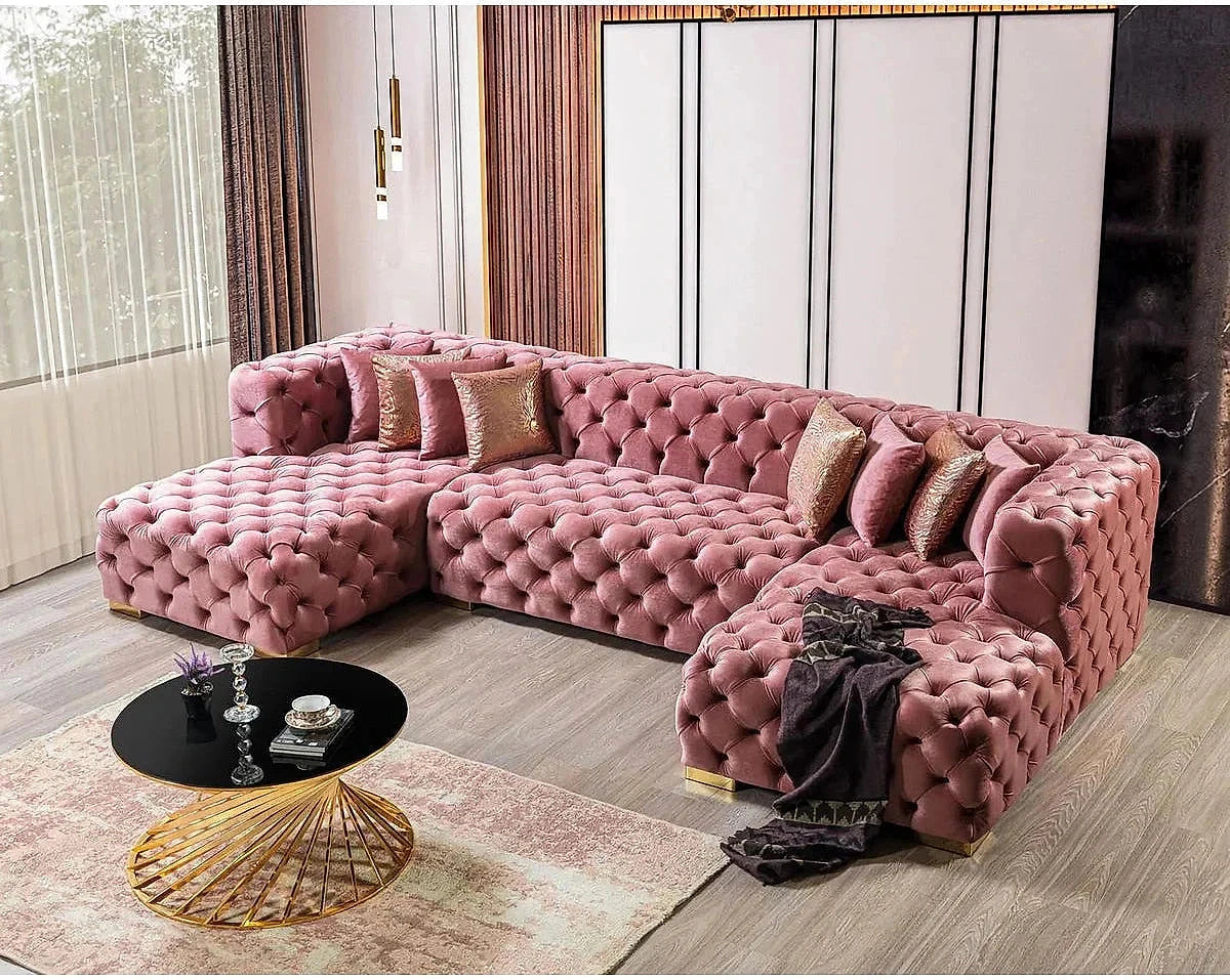 Madelene pink velvet sectional, angled view showing both chaises