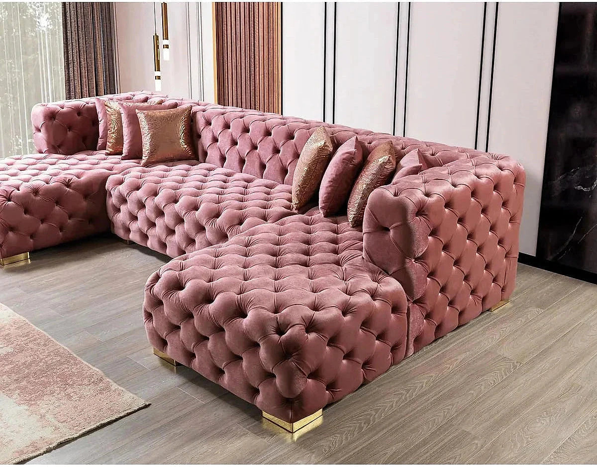 Madelene pink velvet sectional, close-up of chaise and tufted arm