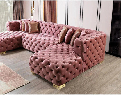 Madelene pink velvet sectional, close-up of chaise and tufted arm