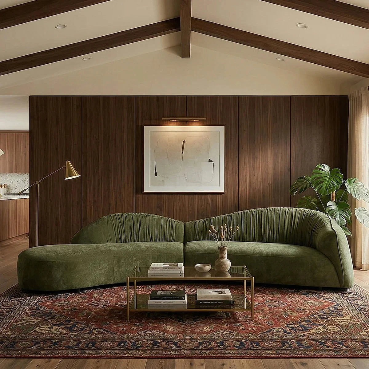 Arcadia curved sectional, front view in a living room