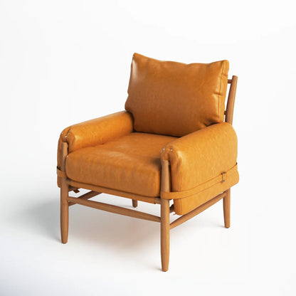Strap-Detail Wood-Frame Accent Chair — side three-quarter view of the caramel chair