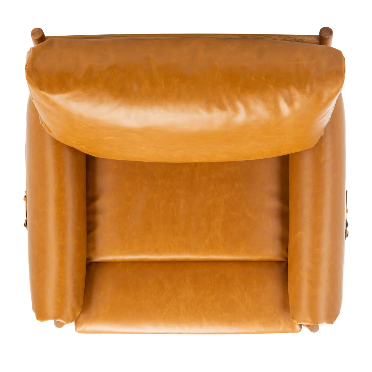 Strap-Detail Wood-Frame Accent Chair — overhead view of the caramel seat and back