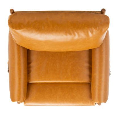 Strap-Detail Wood-Frame Accent Chair — overhead view of the caramel seat and back