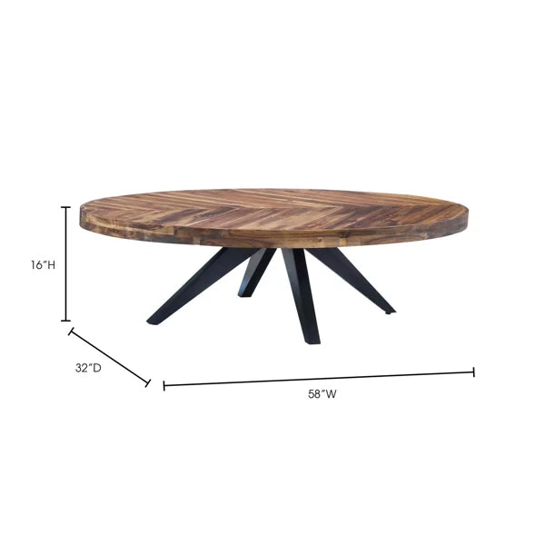 Dimension diagram of the oval coffee table showing 58 by 32 by 16 inches