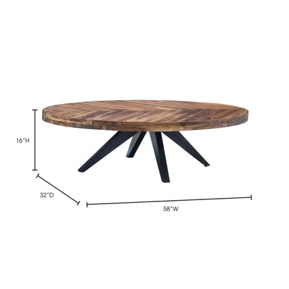 Dimension diagram of the oval coffee table showing 58 by 32 by 16 inches