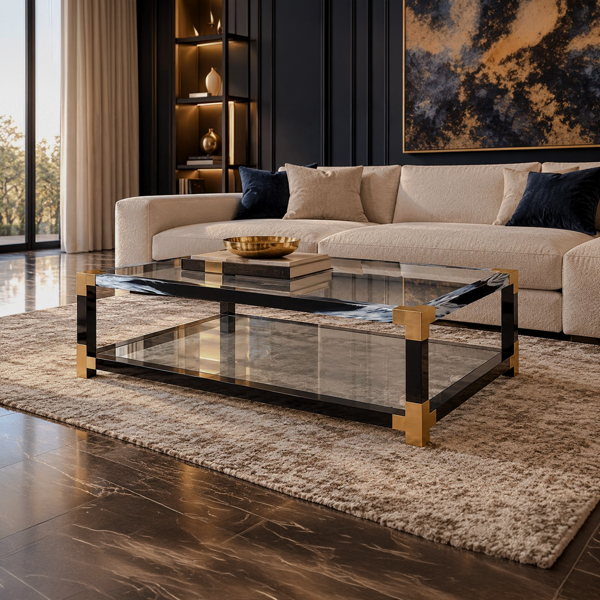 Rectangular two-tier glass coffee table with black frame and gold-tone corners in a living room