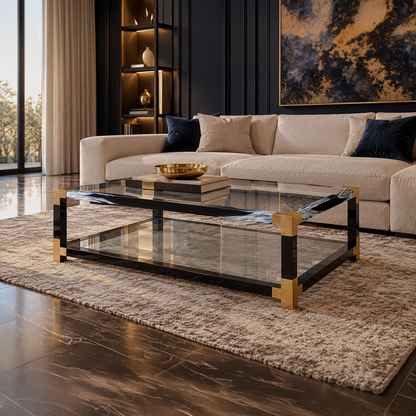 Rectangular two-tier glass coffee table with black frame and gold-tone corners in a living room