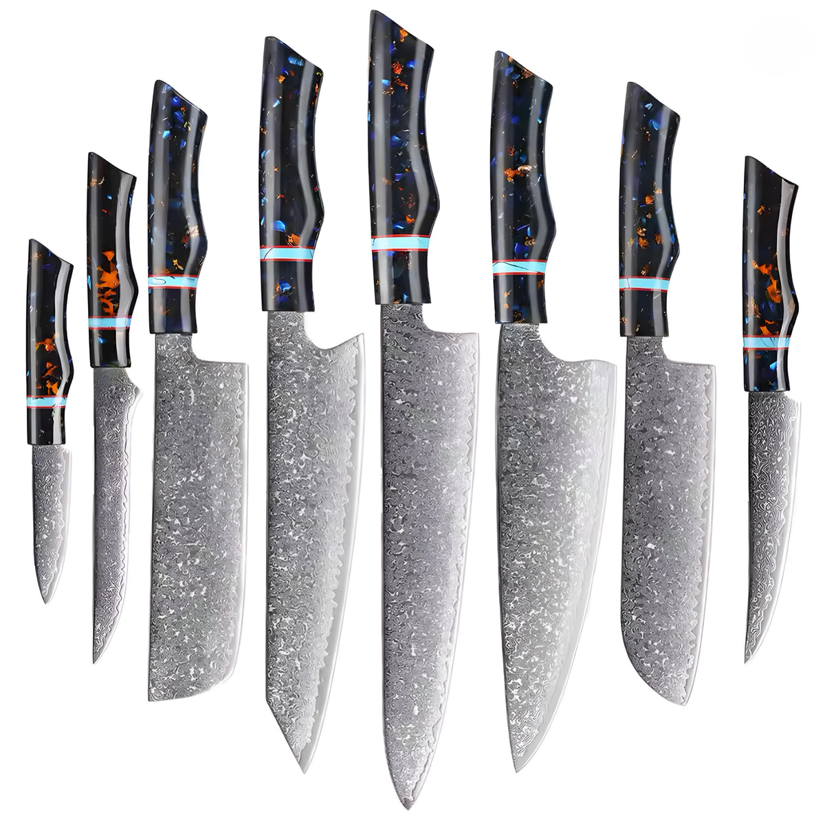 Damascus Knife Set with Dark Handles — 8 Pieces