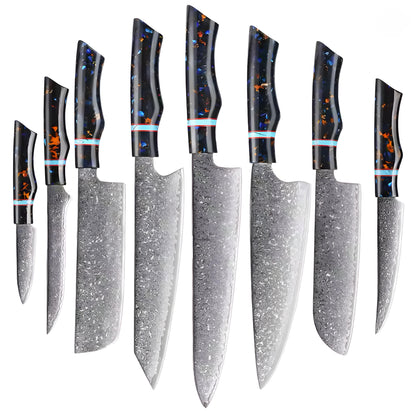 Damascus Knife Set with Dark Handles — 8 Pieces